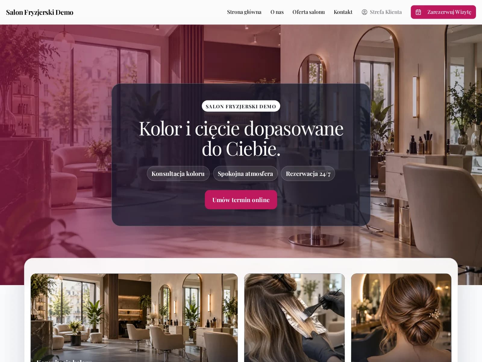 Wizytówka salonu fryzjerskiego w Terminarz24: strona firmy ze zdjęciami i przyciskiem rezerwacji online