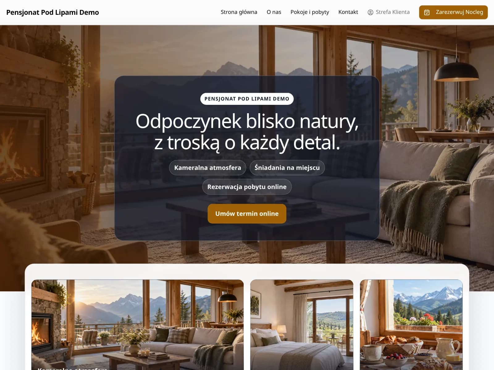 Wizytówka firmy demo w Terminarz24 (Noclegi i apartamenty): strona z ofertą i przyciskiem rezerwacji online