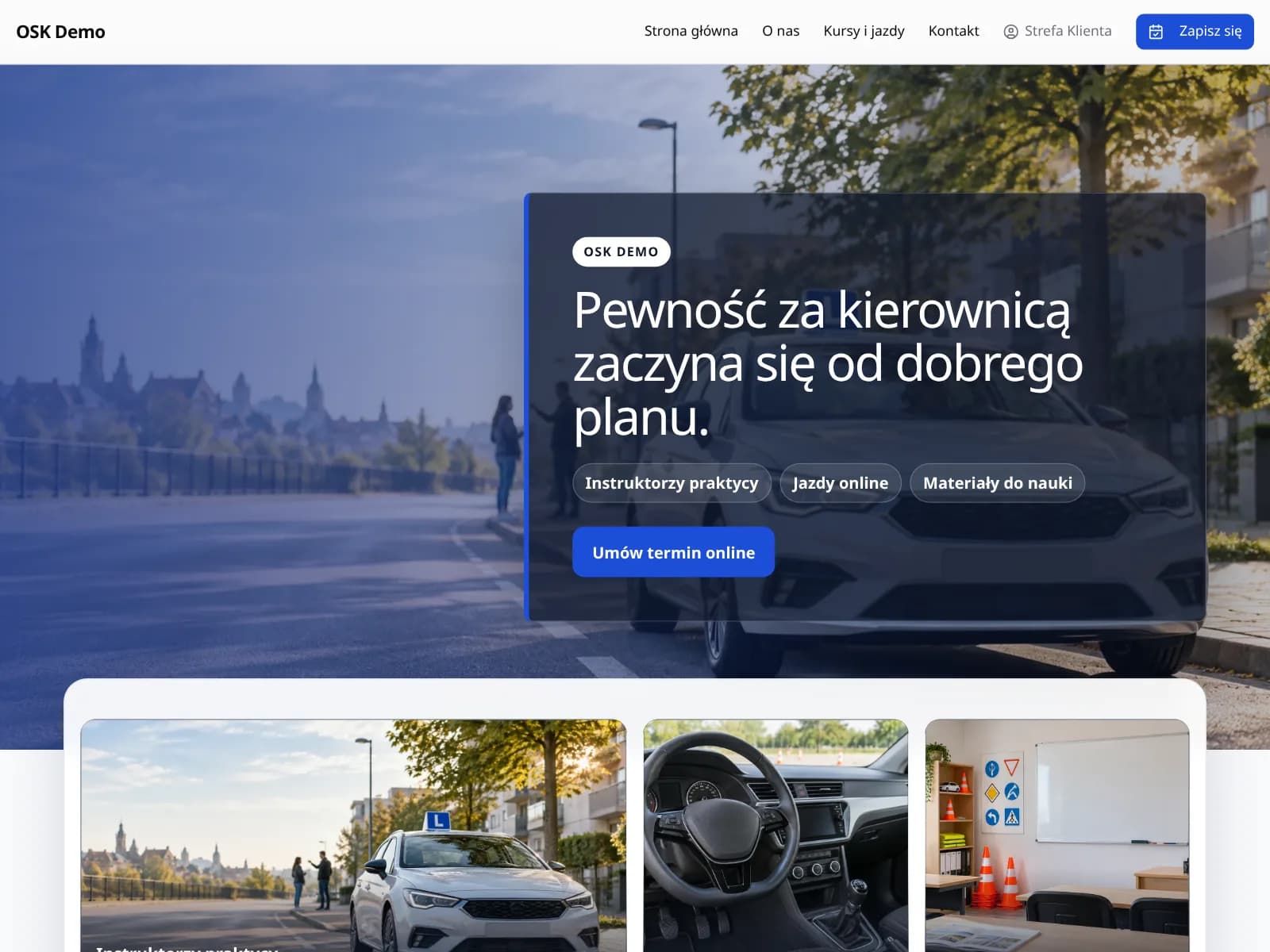 Wizytówka firmy demo w Terminarz24 (Szkoły i kursy): strona z ofertą i przyciskiem rezerwacji online