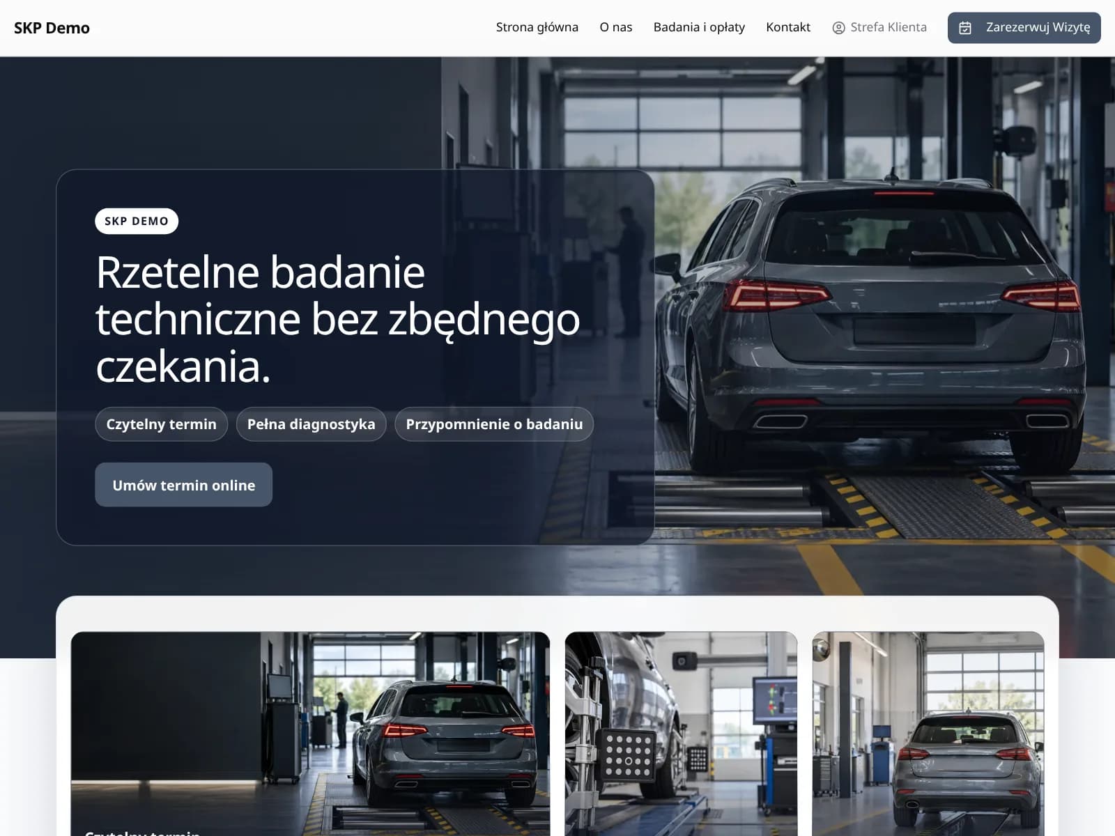 Wizytówka firmy demo w Terminarz24 (Stacje Kontroli Pojazdów): strona z ofertą i przyciskiem rezerwacji online