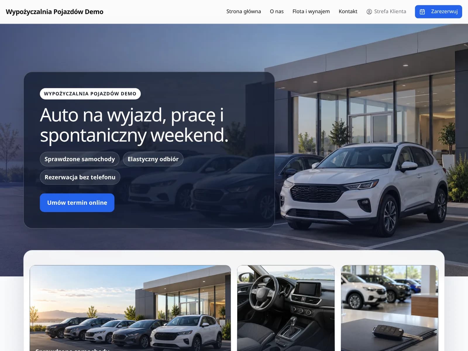 Wizytówka firmy demo w Terminarz24 (Wypożyczalnie sprzętu): strona z ofertą i przyciskiem rezerwacji online