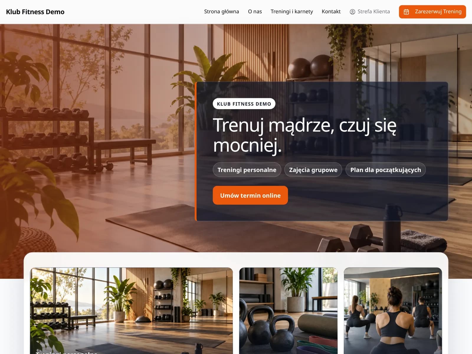 Wizytówka firmy demo w Terminarz24 (Sport i fitness): strona z ofertą i przyciskiem rezerwacji online