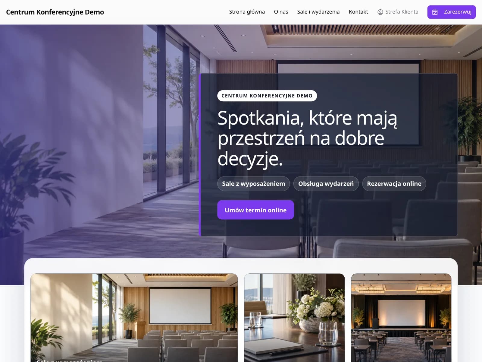 Wizytówka firmy demo w Terminarz24 (Obiekty i sale): strona z ofertą i przyciskiem rezerwacji online