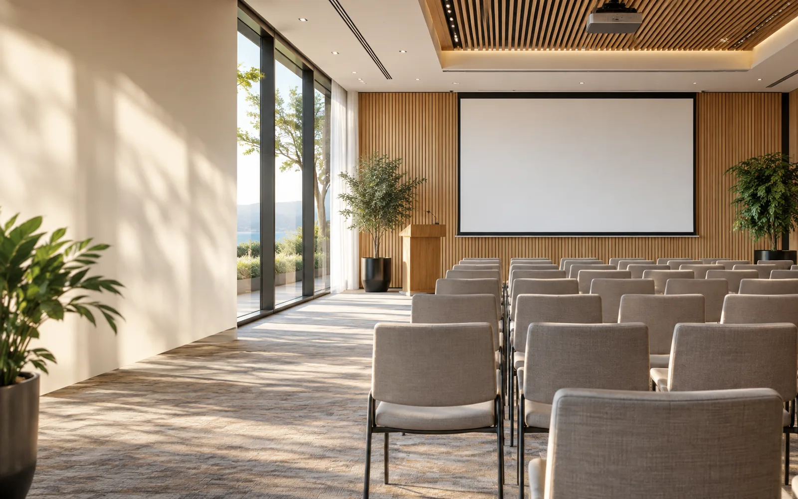 Sala konferencyjna z rzędami krzeseł i ekranem projekcyjnym