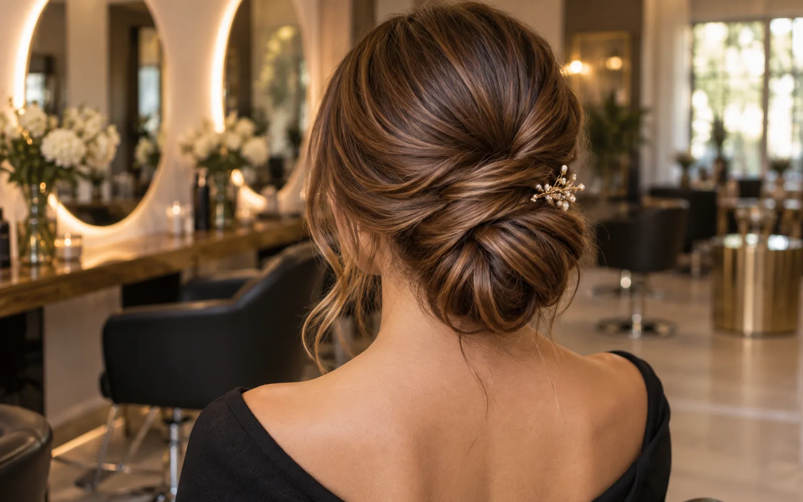 Klientka z eleganckim upięciem włosów w salonie fryzjerskim