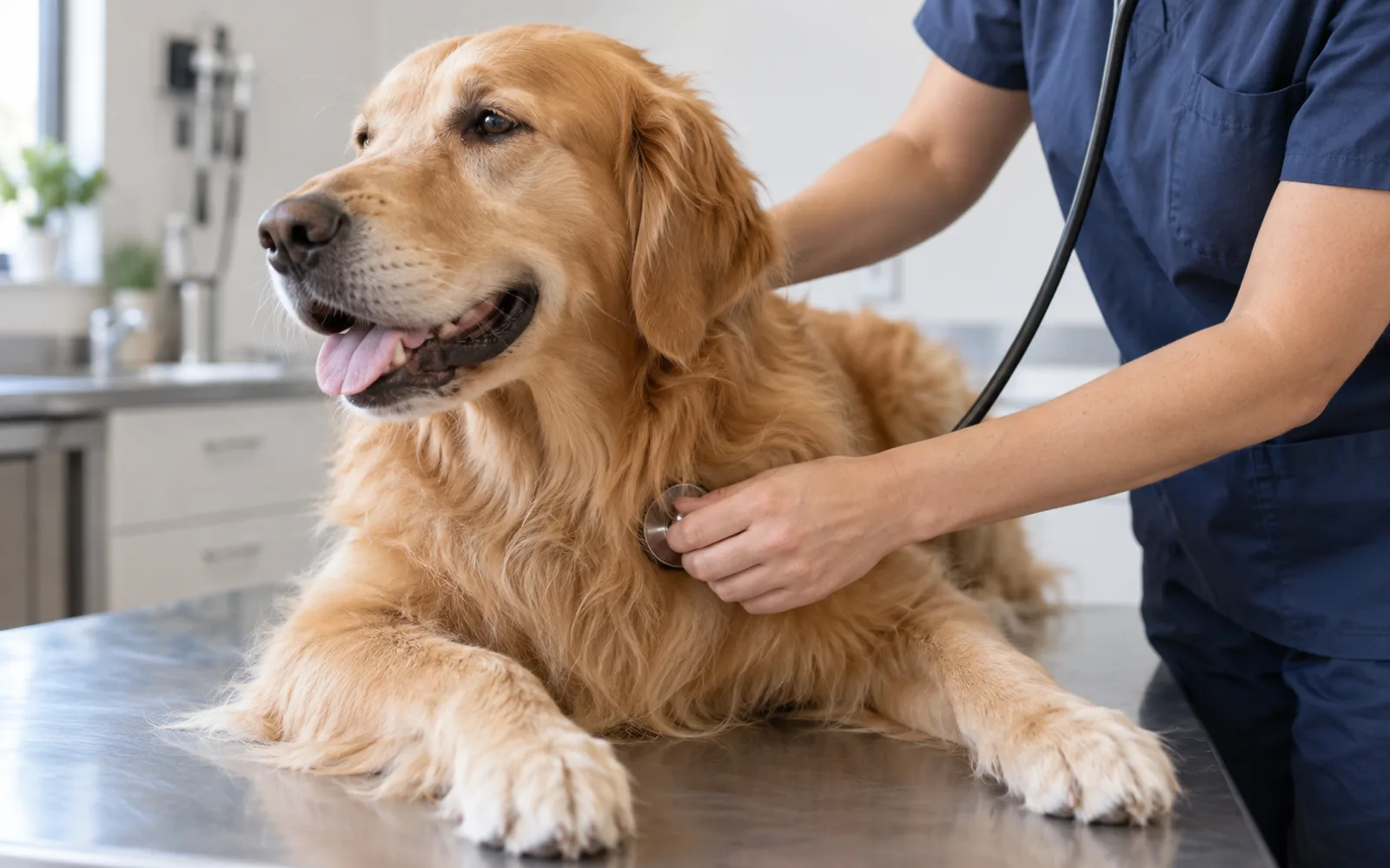 Lekarz weterynarii bada golden retrievera stetoskopem